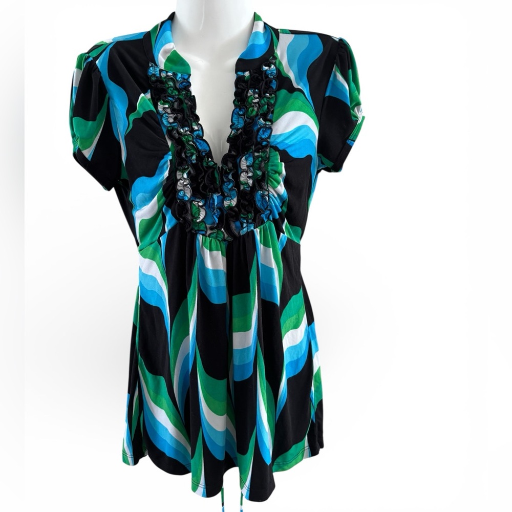 Y2K Heart Soul Aqua Green Ruffled Babydoll V-Neck Tie Back Cap Sleeves Top Large